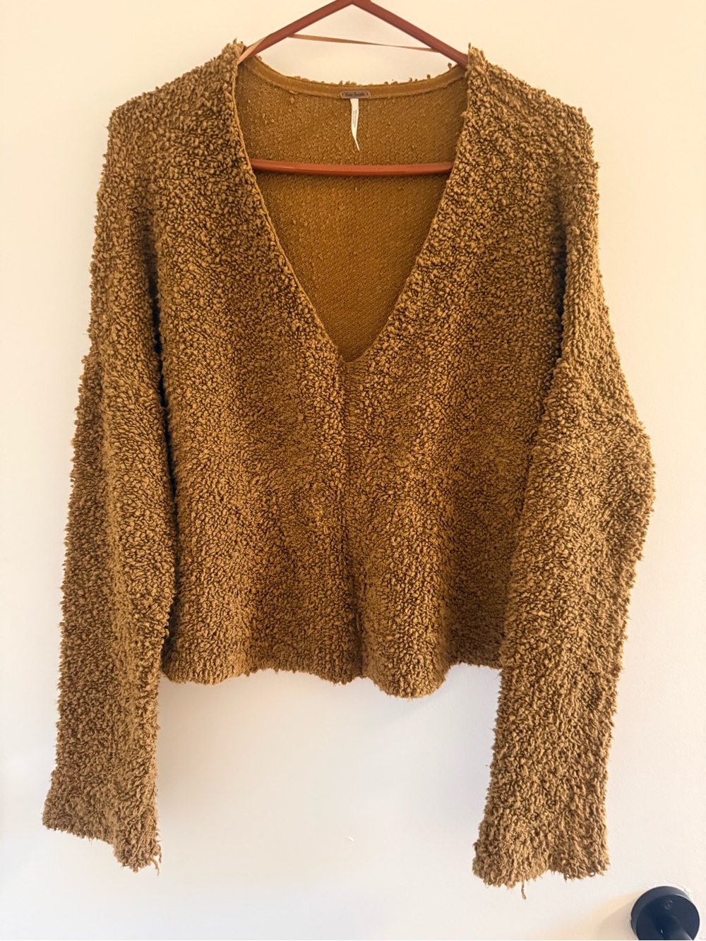 Free People Chunky V-Neck Teddy Pullover in Caramel Brown
